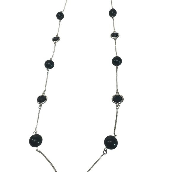 Silver Black Beaded Station Long Chain Necklace Elegant Minimalist - Picture 1 of 3